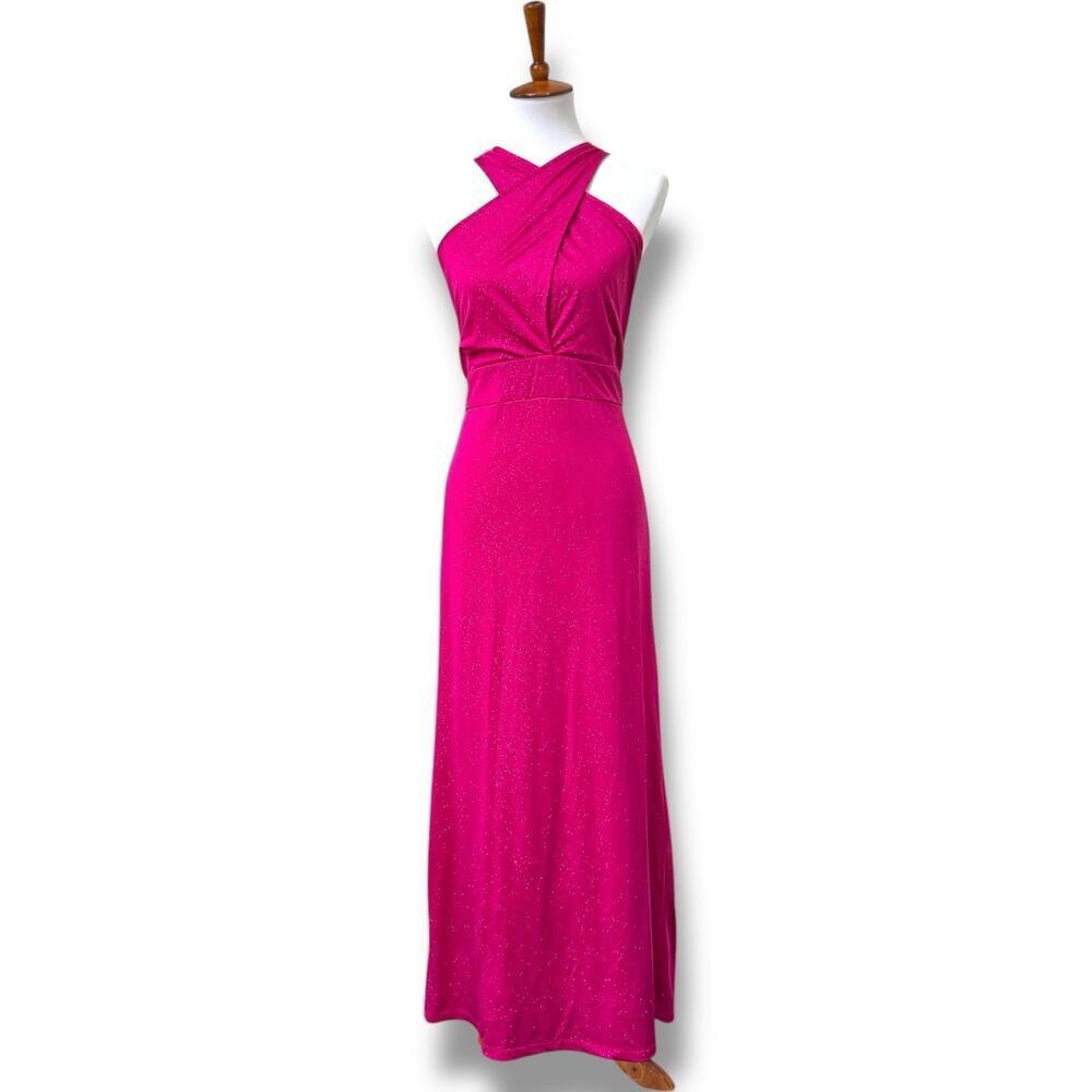 Lovely Grace Sparkle Crisscross Halter Maxi Dress Fuchsia Women's XL Barbiecore
